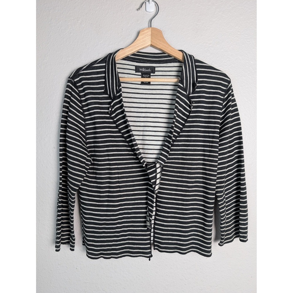 Willi Smith Cardigan Womens‎ L Black Open Striped Collared Lightweight Stretch
